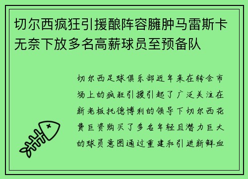 切尔西疯狂引援酿阵容臃肿马雷斯卡无奈下放多名高薪球员至预备队