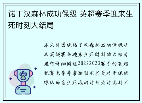 诺丁汉森林成功保级 英超赛季迎来生死时刻大结局